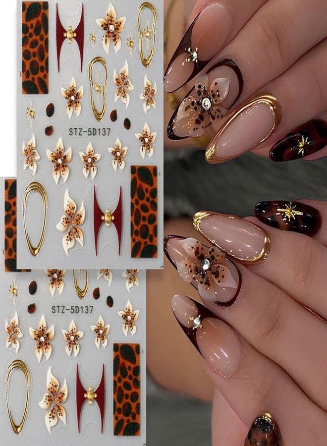 OSTTMA 2 Sheets Fall Flower Nail Art Stickers 5D Embossed Nail Decals Brown Flowers Leopard Print Gold Frame Design Sticker Self-Adhesive Nails Supplies for Women Autumn Winter Nails Art Decorations - Image 1